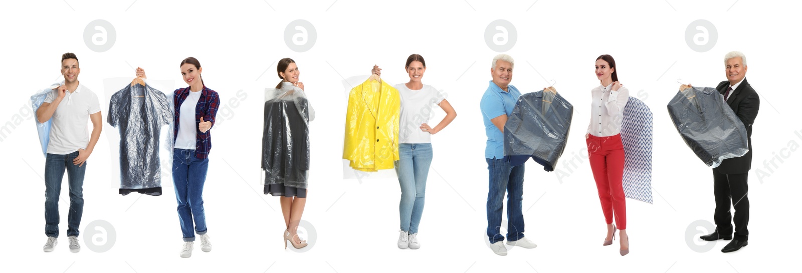 Image of Collage with photos of people holding clothes on white background, banner design. Dry-cleaning service