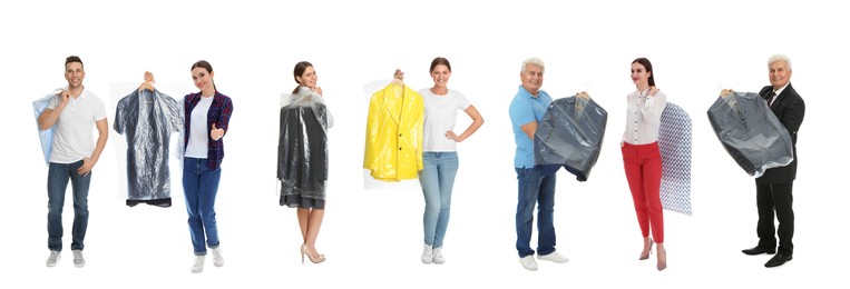 Collage with photos of people holding clothes on white background, banner design. Dry-cleaning service