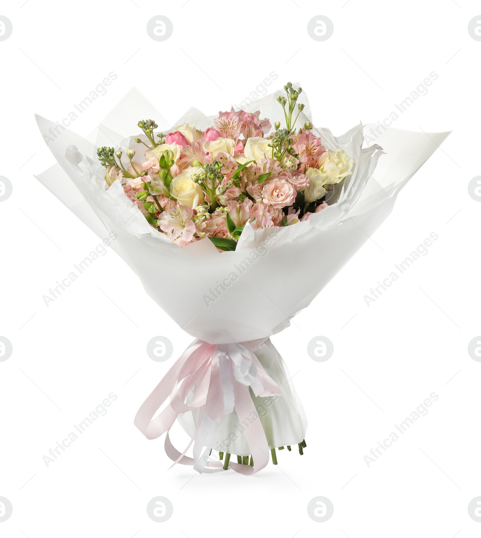 Photo of Beautiful bouquet of fresh flowers isolated on white