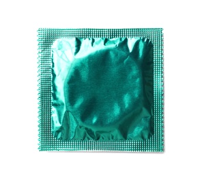 Condom package on white background, top view. Safe sex