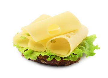 Photo of Tasty sandwich with slices of fresh cheese and lettuce isolated on white