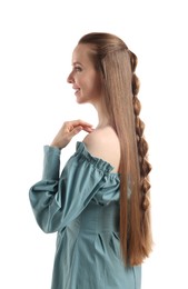 Woman with braided hair on white background