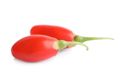 Photo of Fresh goji berries on white background. Healthy superfood