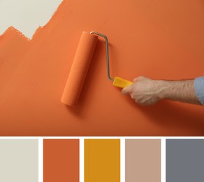 Image of Color palette and man applying orange paint with roller brush on white wall, closeup