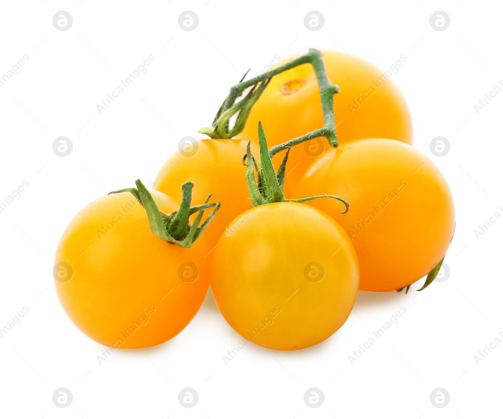 Photo of Delicious ripe yellow cherry tomatoes on white background