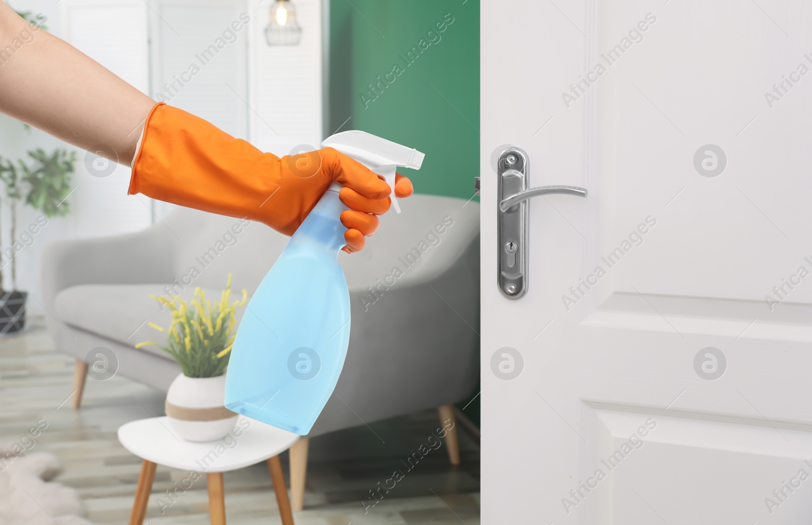 Image of Woman sanitizing door handle with antiseptic spray, closeup. Be safety during coronavirus outbreak