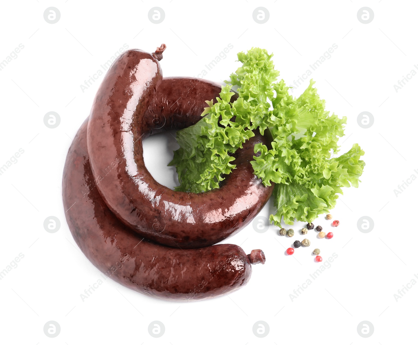 Photo of Tasty blood sausages, lettuce and pepper on white background