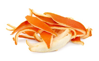Photo of Pile of dry orange peels isolated on white