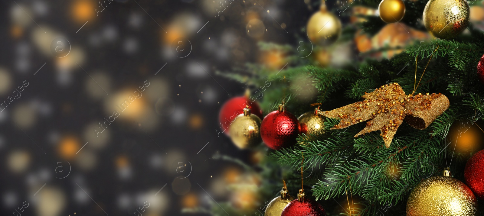 Image of Beautiful Christmas tree with bright baubles against blurred lights on dark background, closeup. Banner design with space for text