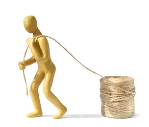 Photo of Human figure made of yellow plasticine carrying rope isolated on white