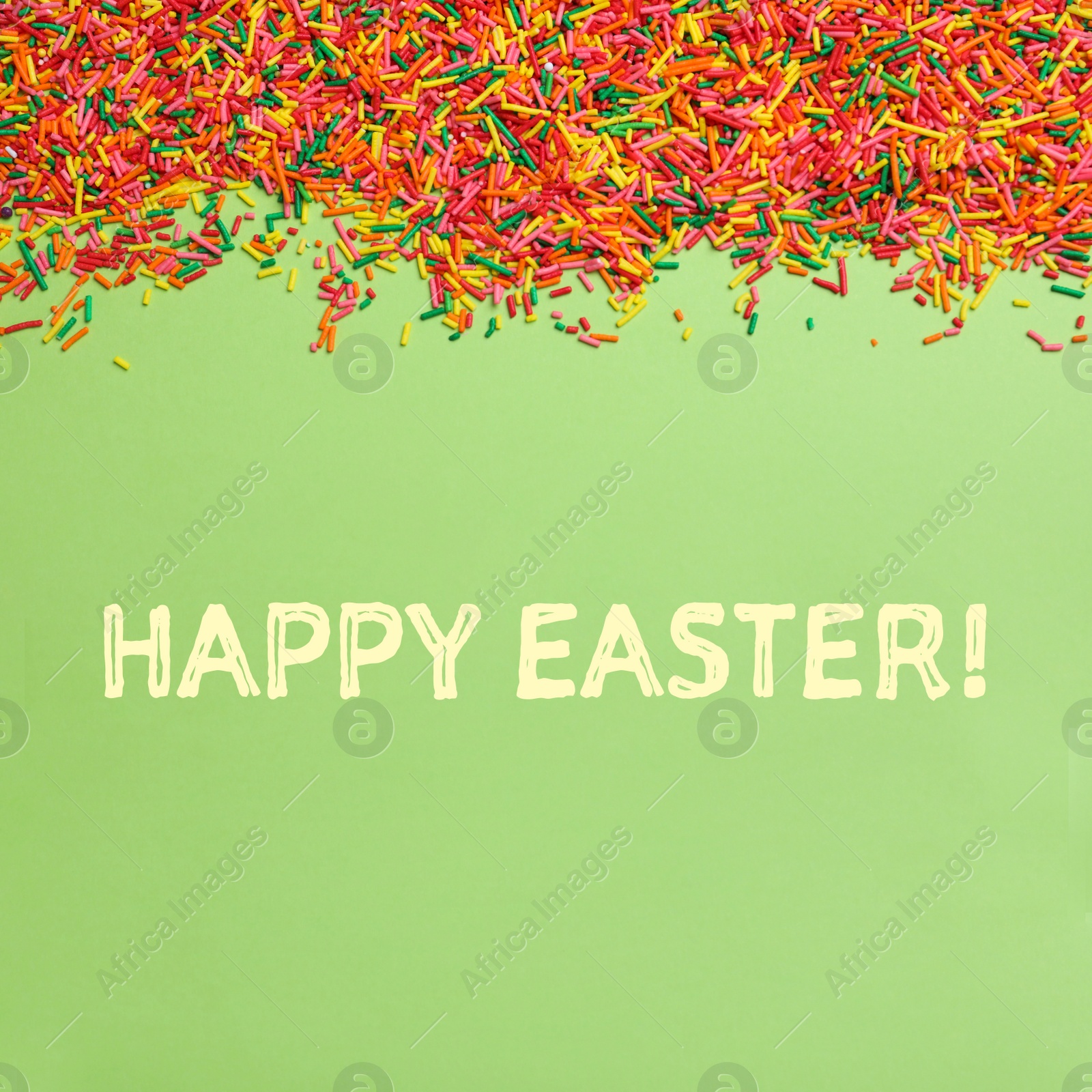 Image of Text Happy Easter and colorful sprinkles on green background, flat lay. Confectionery decor