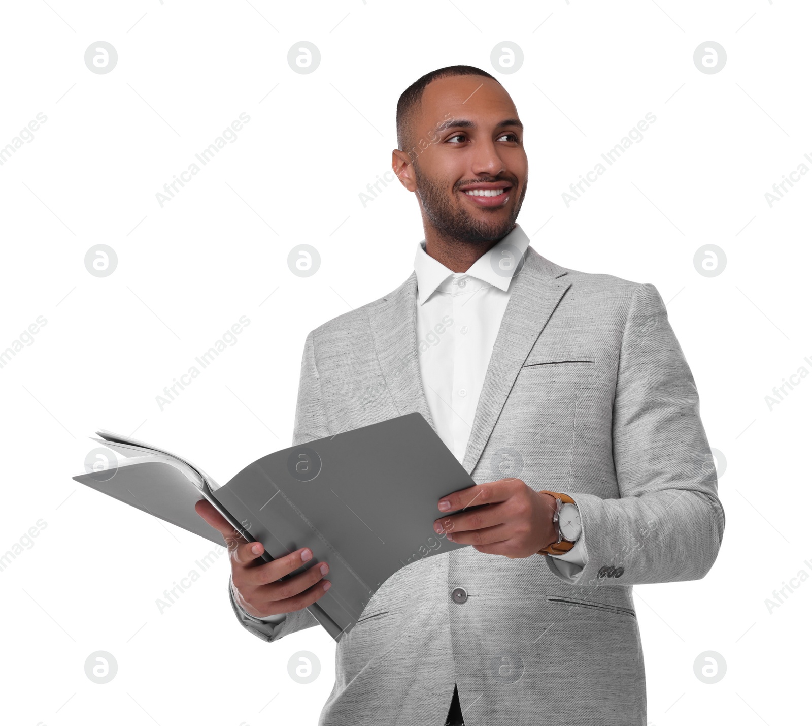 Photo of Portrait of happy man with folders on white background. Lawyer, businessman, accountant or manager