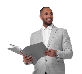 Photo of Portrait of happy man with folders on white background. Lawyer, businessman, accountant or manager