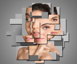 Stylish creative artwork. Portrait of beautiful woman made with cut photos of different faces on grey background