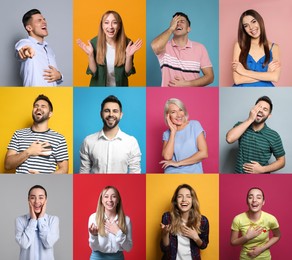 Image of Collage with photos of people laughing on different color backgrounds