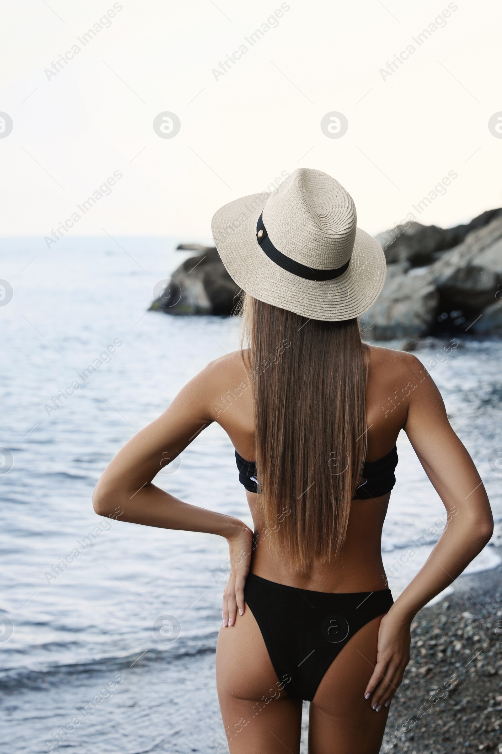 Photo of Sexy young woman in stylish bikini and straw hat on seashore, back view