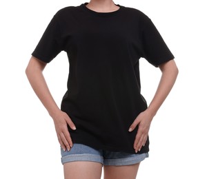 Woman in stylish black t-shirt on white background, closeup