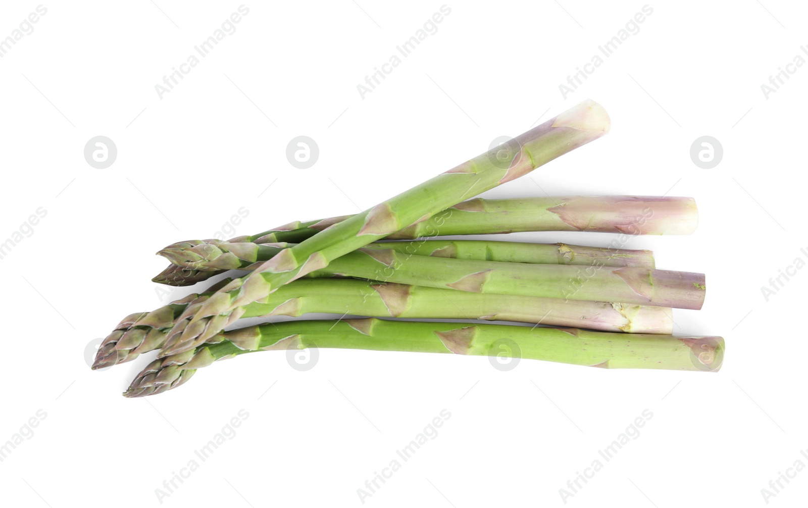 Photo of Fresh raw asparagus isolated on white, top view. Healthy eating