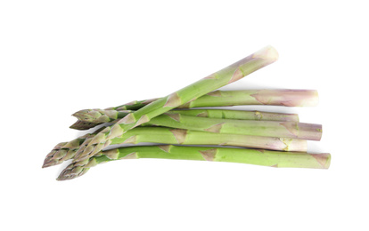 Photo of Fresh raw asparagus isolated on white, top view. Healthy eating