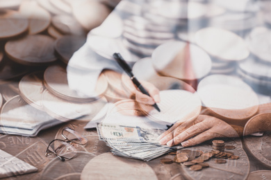 Image of Double exposure of businesswoman and US coins, closeup. Financial value