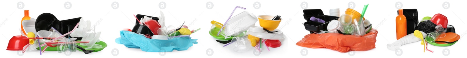 Image of Set with different plastic items on white background. Banner design