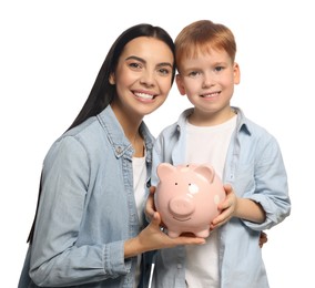 Photo of Mother and her son with ceramic piggy bank on white background
