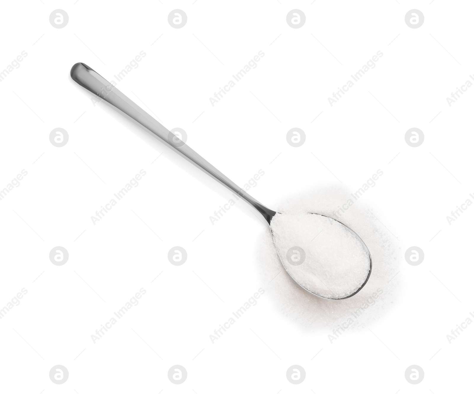 Photo of Spoon with granulated sugar isolated on white, top view