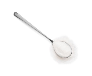 Photo of Spoon with granulated sugar isolated on white, top view