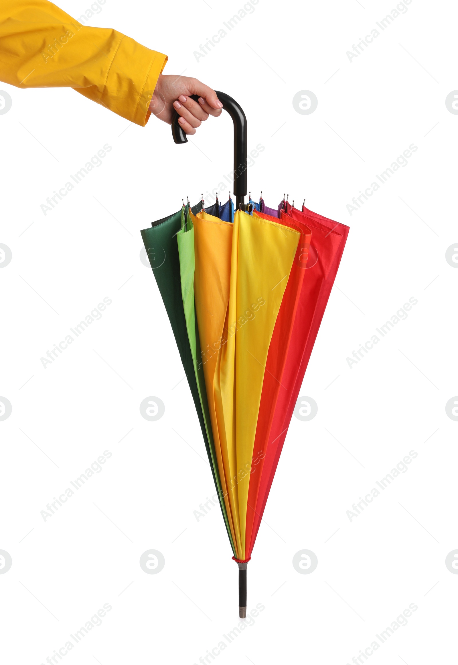 Photo of Woman with closed bright umbrella on white background, closeup