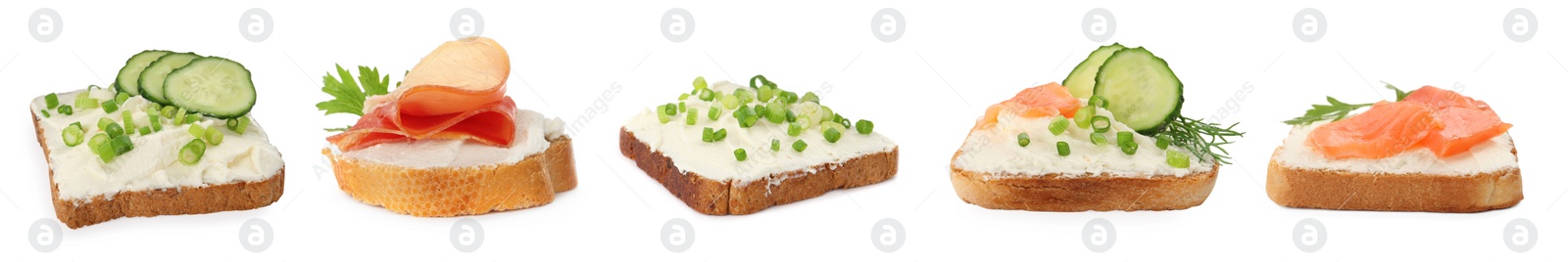 Image of Bread with cream cheese and toppings on white background, collage. Banner design 