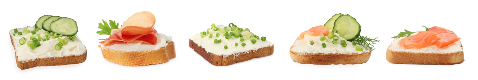 Bread with cream cheese and toppings on white background, collage. Banner design 