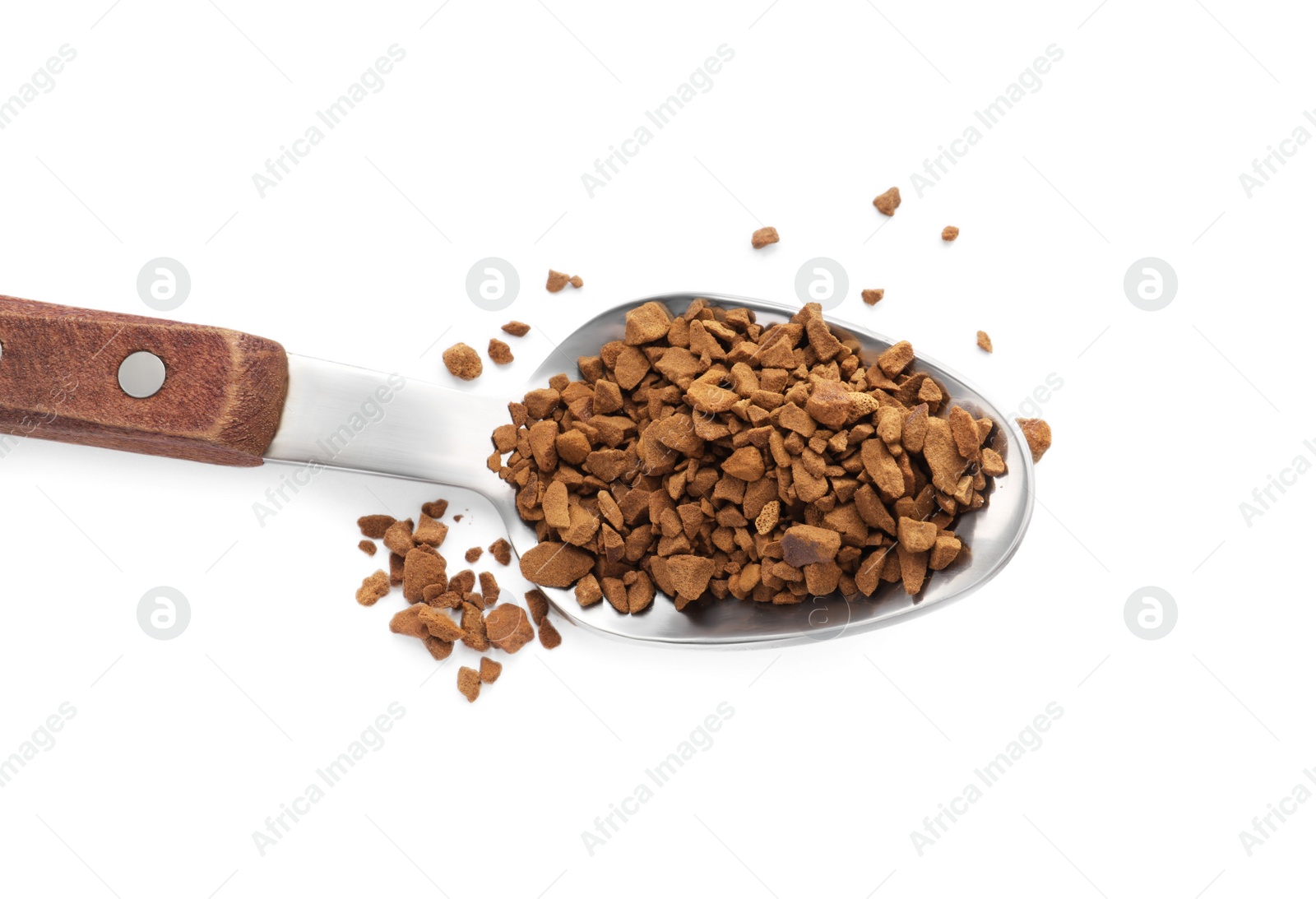 Photo of Spoon with aromatic instant coffee isolated on white, top view