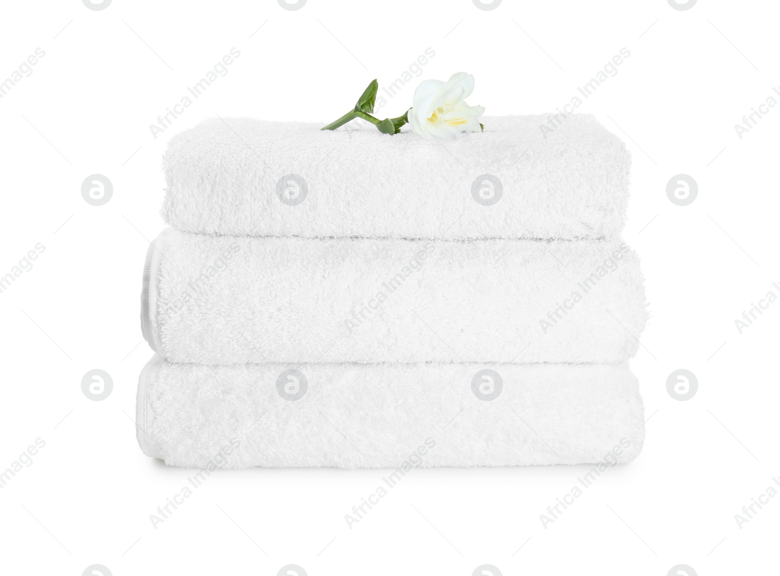 Photo of Terry towels and freesia flower isolated on white