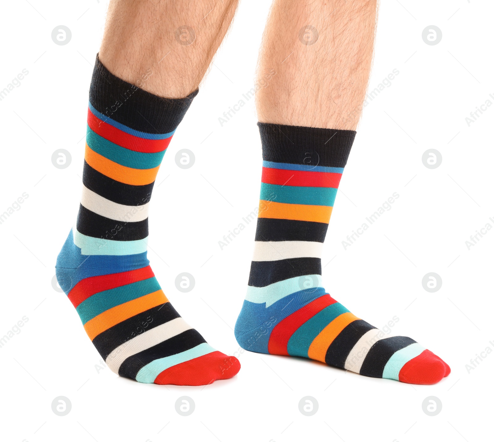 Photo of Man in stylish socks on white background, closeup