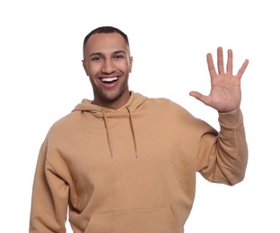 Photo of Man giving high five on white background