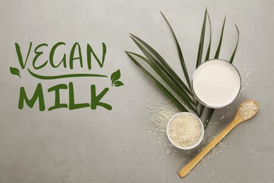 Image of Delicious vegan rice milk and grains on light grey table, flat lay