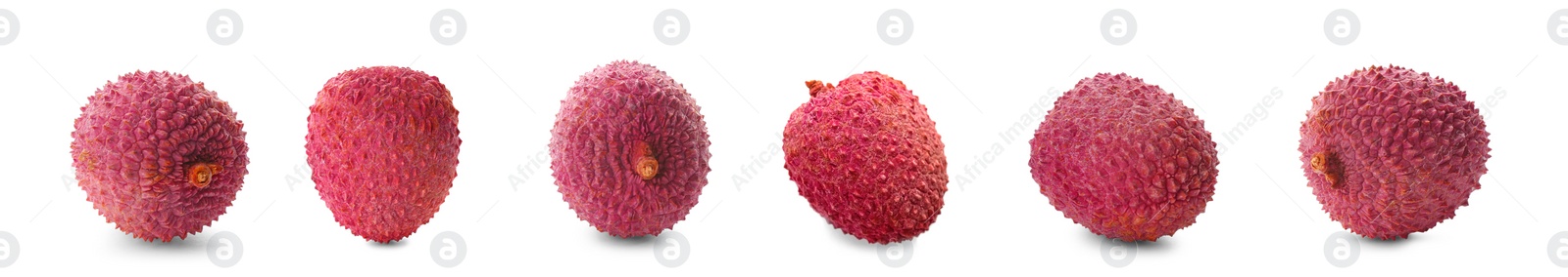 Image of Set with tasty ripe lychee fruits on white background. Banner design