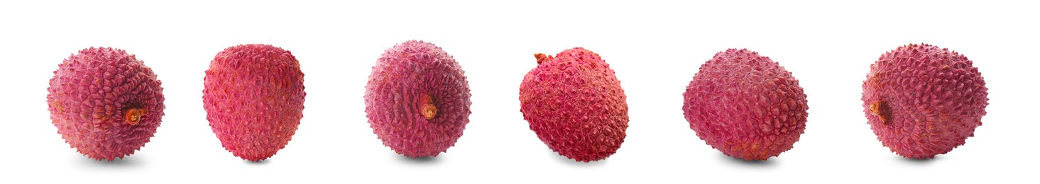 Image of Set with tasty ripe lychee fruits on white background. Banner design