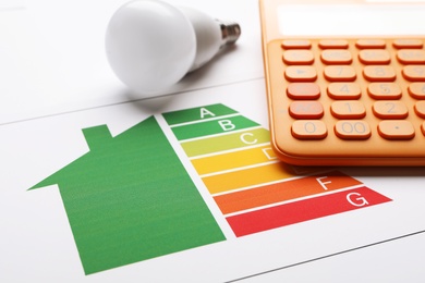 Photo of Energy efficiency rating chart, LED light bulb and calculator on white background, closeup