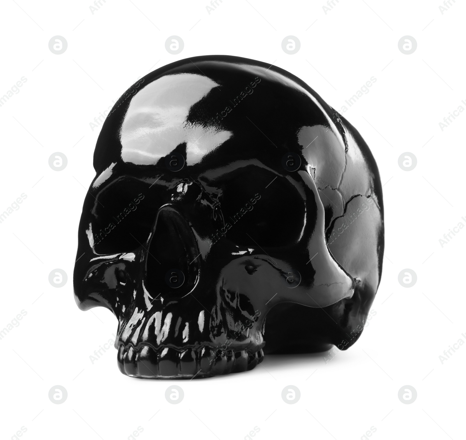 Photo of Black glossy skull with teeth isolated on white