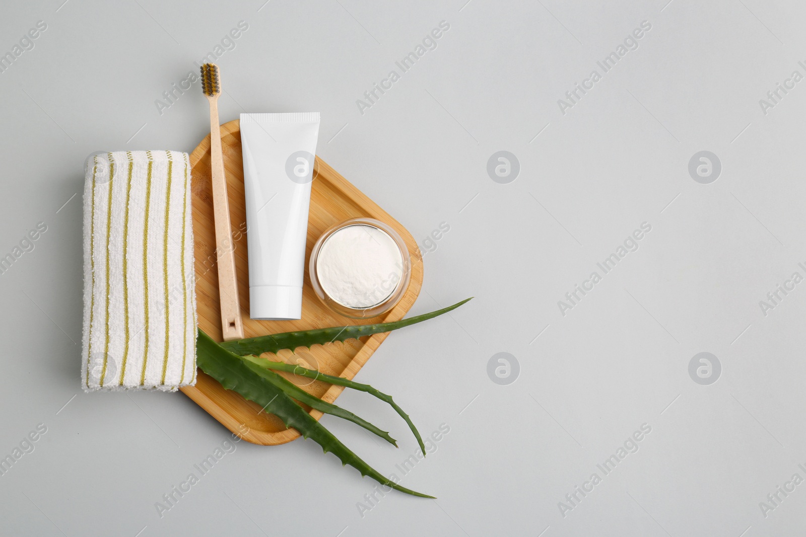 Photo of Tube of toothpaste, fresh aloe and care products on light grey background, top view. Space for text