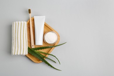 Tube of toothpaste, fresh aloe and care products on light grey background, top view. Space for text