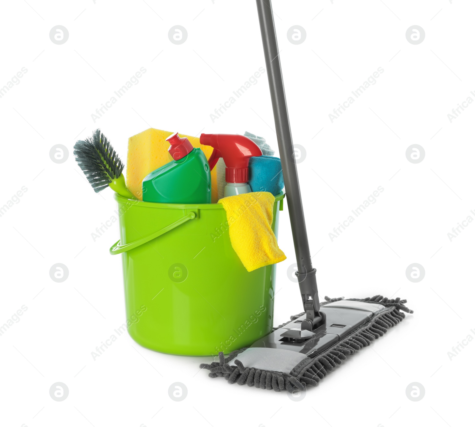 Photo of Mop and plastic bucket with different cleaning supplies on white background