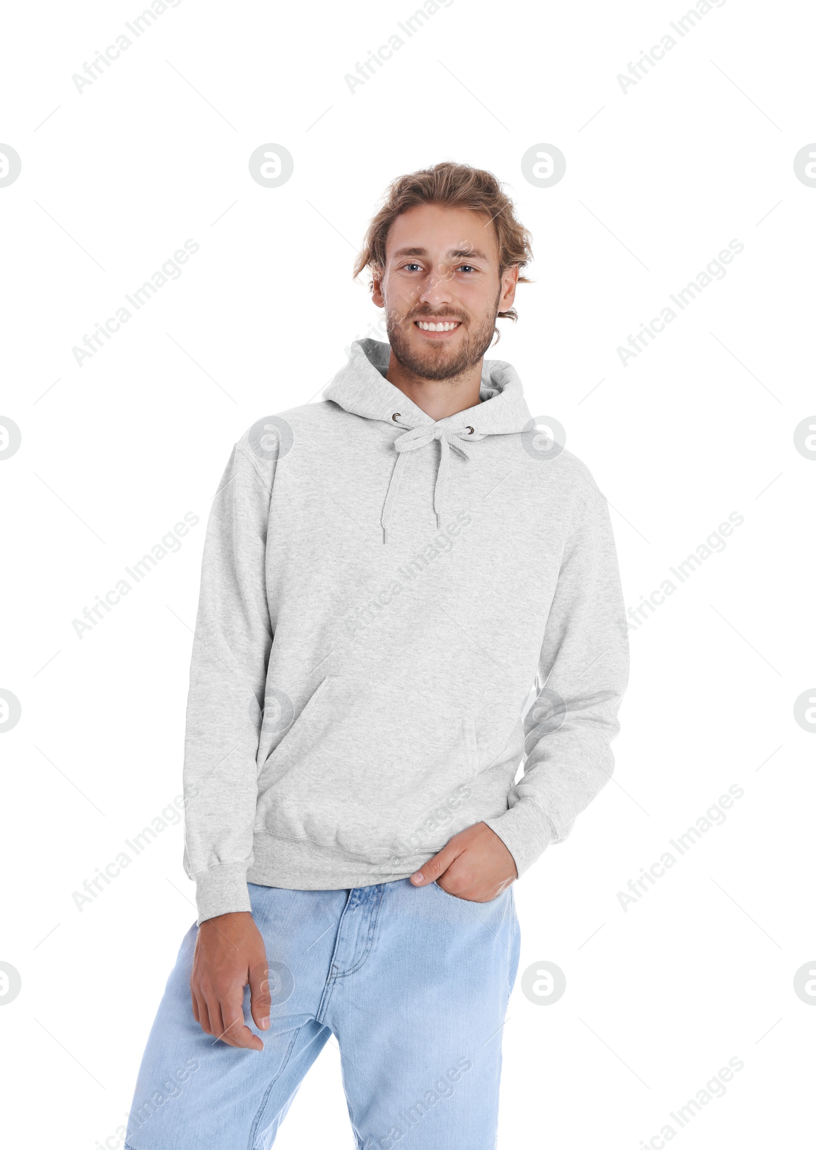 Photo of Portrait of man in hoodie sweater on white background. Space for design