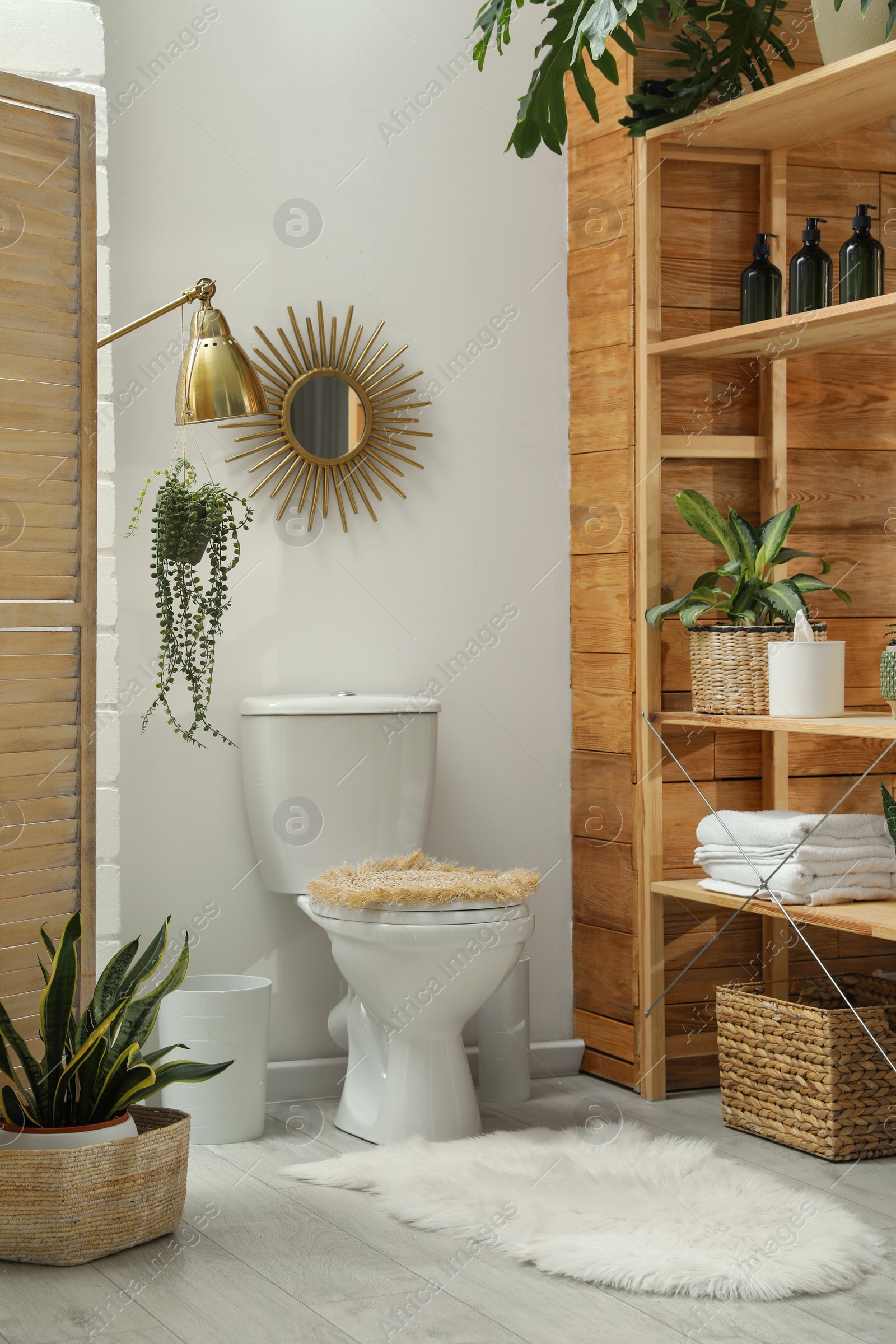 Photo of Toilet bowl and green houseplants in bathroom. Interior design