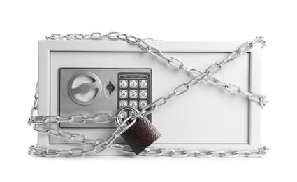 Photo of Steel safe with chain and lock isolated on white