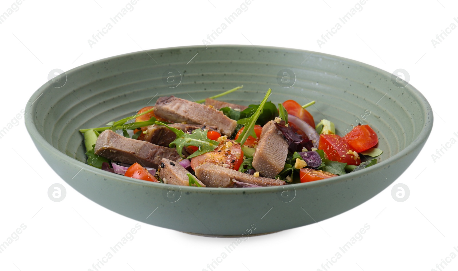 Photo of Delicious salad with beef tongue and vegetables isolated on white