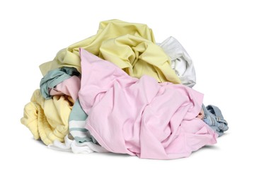 Photo of Pile of colorful clothes isolated on white