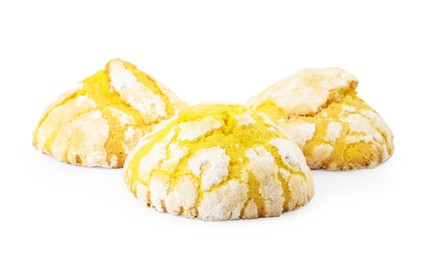 Photo of Tasty homemade lemon cookies on white background