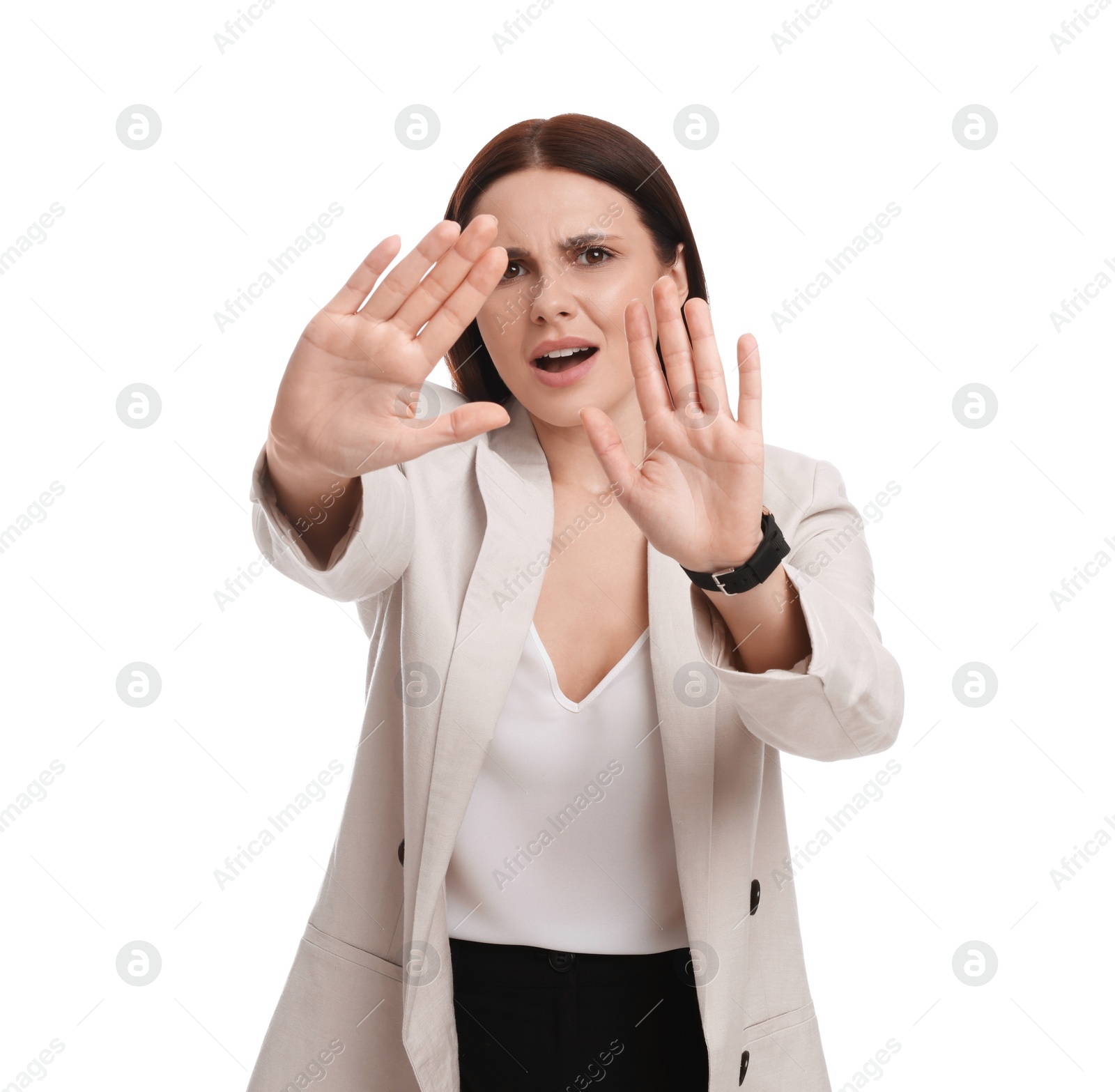 Photo of Beautiful young businesswoman in suit on white background